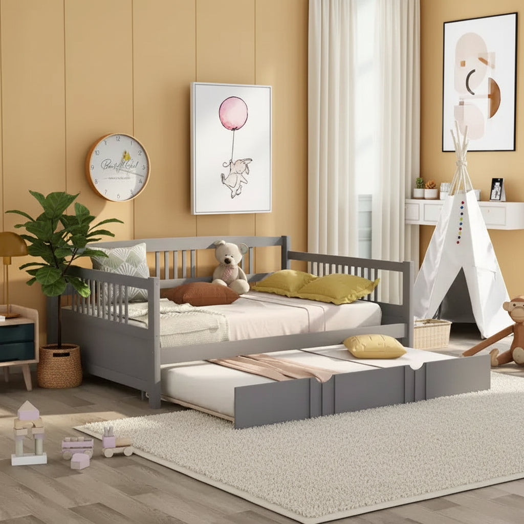 Bellemave Full Bed with Twin Trundle, Wood Platform Bed Frame with Fence Guardrails, Daybed for Bedroom/Living Room, No Box Spring, Gray