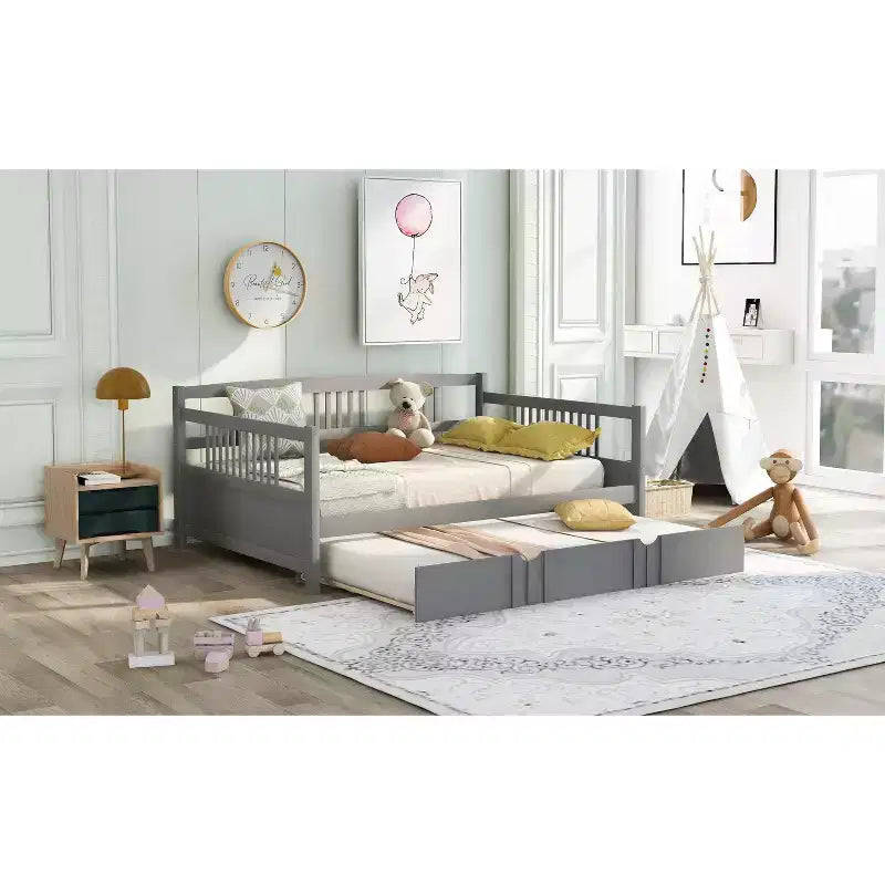 Lit de repos pleine taille avec lit gigogne double, cadre de lit plateforme en bois avec barrières de sécurité, pas besoin de sommier, gris