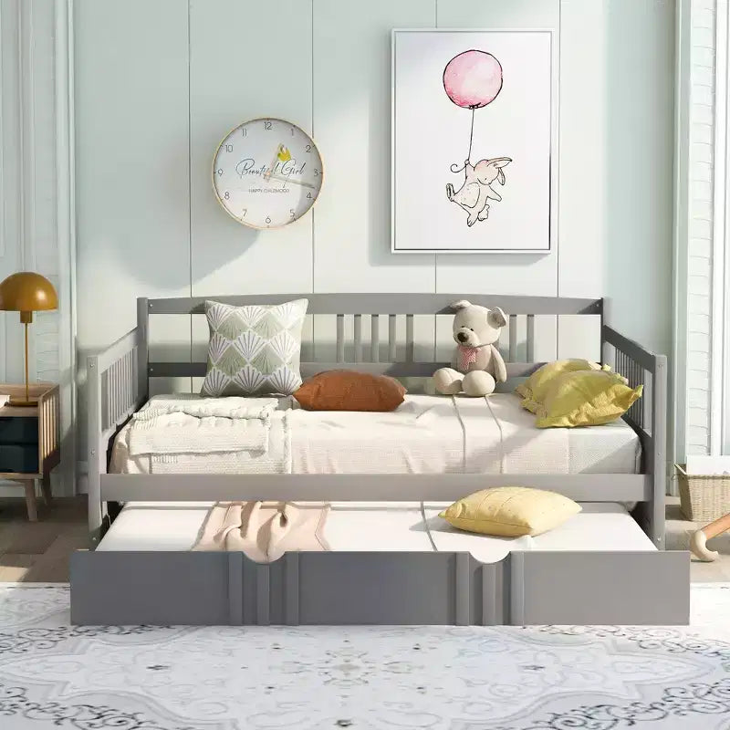 Lit de repos pleine taille avec lit gigogne double, cadre de lit plateforme en bois avec barrières de sécurité, pas besoin de sommier, gris