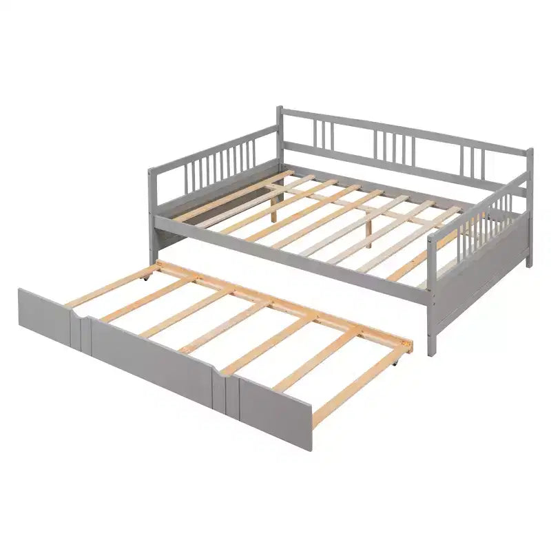 Lit de repos pleine taille avec lit gigogne double, cadre de lit plateforme en bois avec barrières de sécurité, pas besoin de sommier, gris