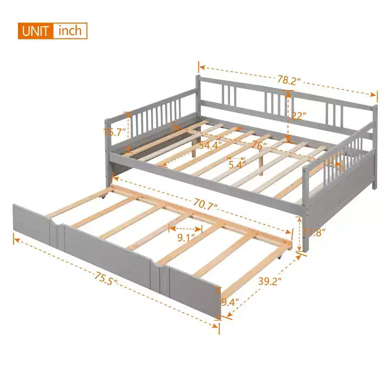 Lit de repos pleine taille avec lit gigogne double, cadre de lit plateforme en bois avec barrières de sécurité, pas besoin de sommier, gris