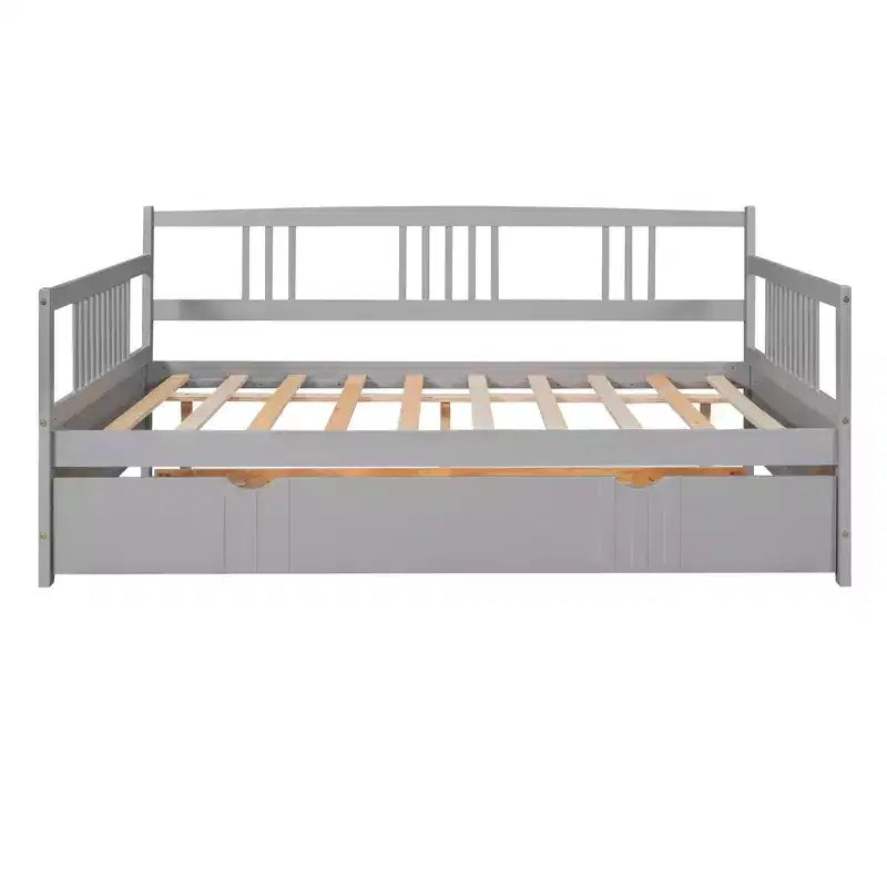 Lit de repos pleine taille avec lit gigogne double, cadre de lit plateforme en bois avec barrières de sécurité, pas besoin de sommier, gris