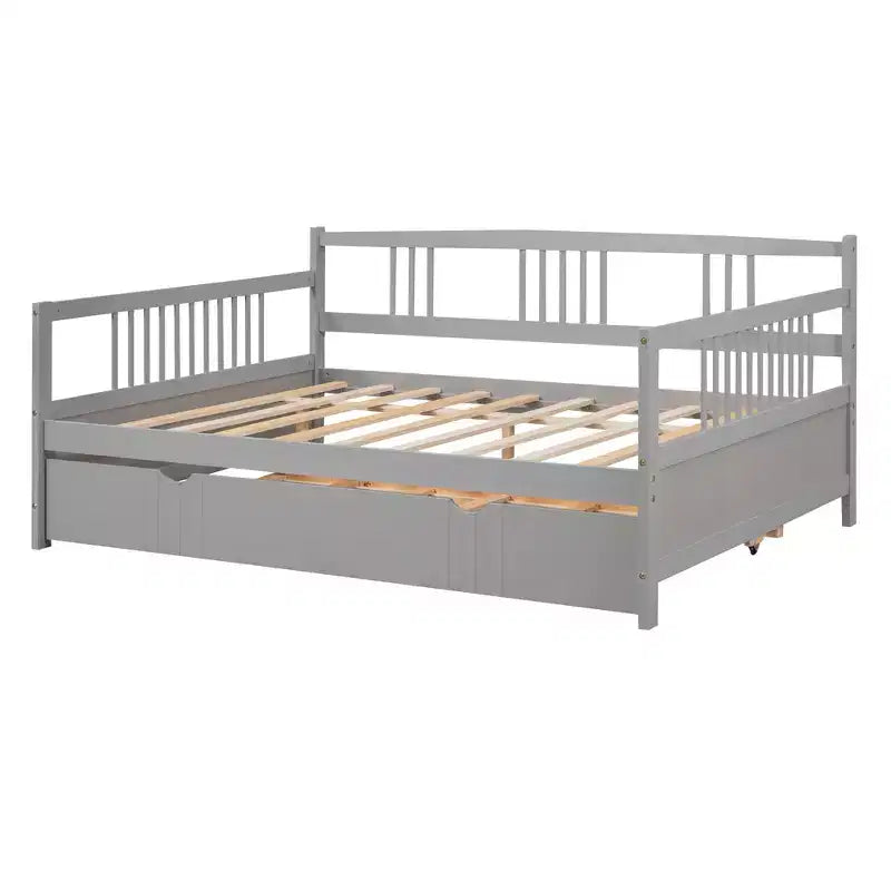 Lit de repos pleine taille avec lit gigogne double, cadre de lit plateforme en bois avec barrières de sécurité, pas besoin de sommier, gris