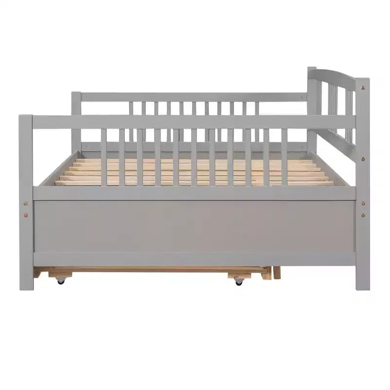 Lit de repos pleine taille avec lit gigogne double, cadre de lit plateforme en bois avec barrières de sécurité, pas besoin de sommier, gris