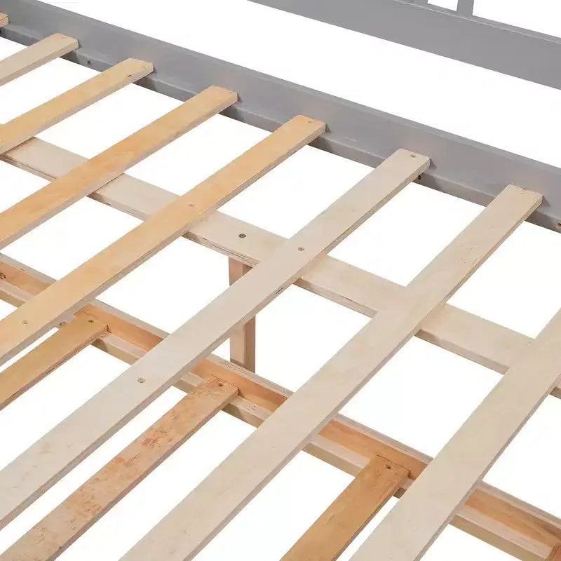 Lit de repos pleine taille avec lit gigogne double, cadre de lit plateforme en bois avec barrières de sécurité, pas besoin de sommier, gris