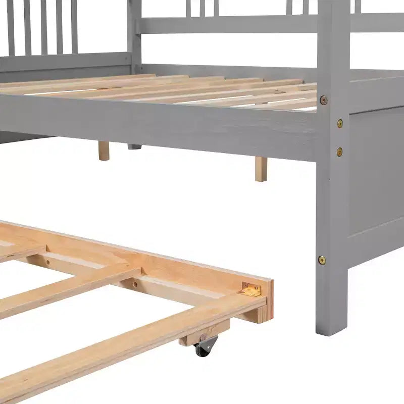 Lit de repos pleine taille avec lit gigogne double, cadre de lit plateforme en bois avec barrières de sécurité, pas besoin de sommier, gris