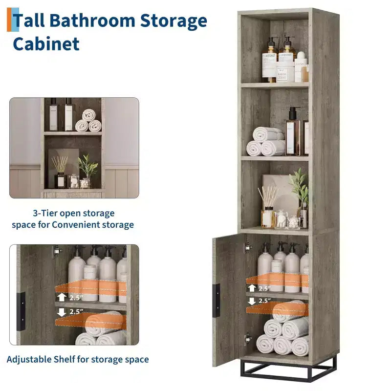 Meuble de salle de bain haut et étroit avec étagère réglable