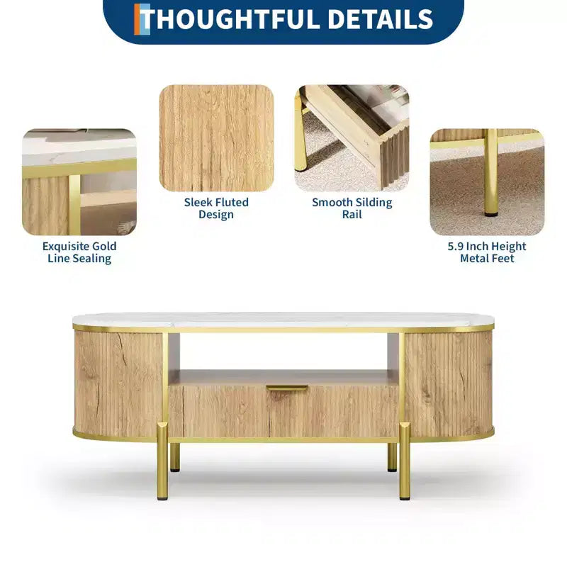 Table basse cannelée moderne, ovale 122 cm avec tiroir, plateau en faux marbre et accents métalliques dorés