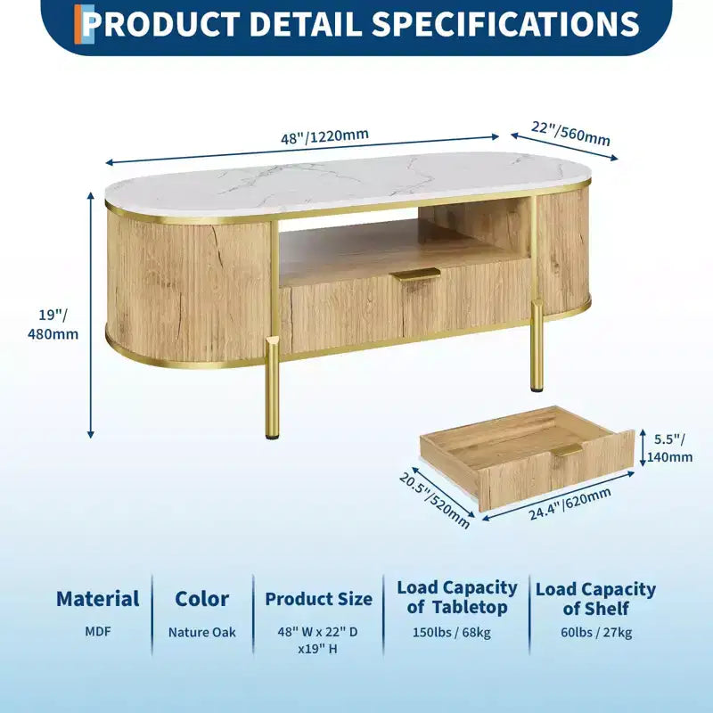 Table basse cannelée moderne, ovale 122 cm avec tiroir, plateau en faux marbre et accents métalliques dorés