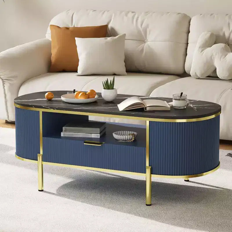 Modern Fluted Coffee Table, 48'' Oval Coffee Table with Drawer, Faux Marble Top, Wooden Center Table with Gold Metal Decor for Living Room