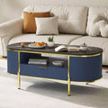 Modern Fluted Coffee Table, 48'' Oval Coffee Table with Drawer, Faux Marble Top, Wooden Center Table with Gold Metal Decor for Living Room