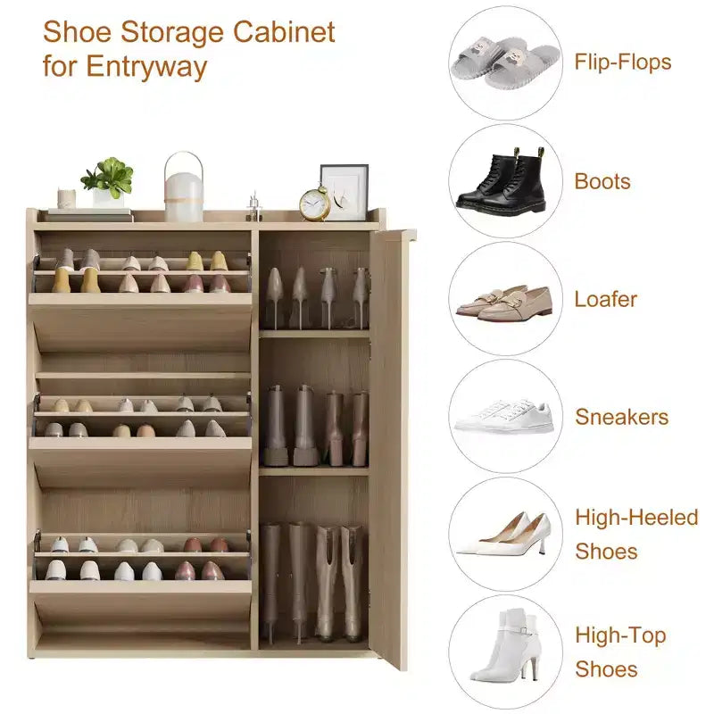 Meuble à chaussures avec 3 tiroirs basculants, Organisateur de chaussures caché avec étagères réglables, Meuble à chaussures autonome en bois