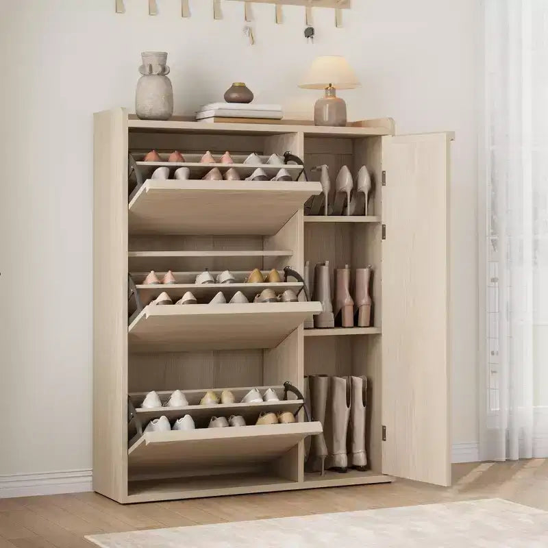 Meuble à chaussures avec 3 tiroirs basculants, Organisateur de chaussures caché avec étagères réglables, Meuble à chaussures autonome en bois