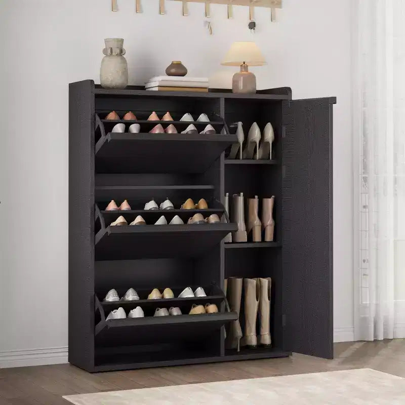 Meuble à chaussures avec 3 tiroirs basculants, Organisateur de chaussures caché avec étagères réglables, Meuble à chaussures autonome en bois