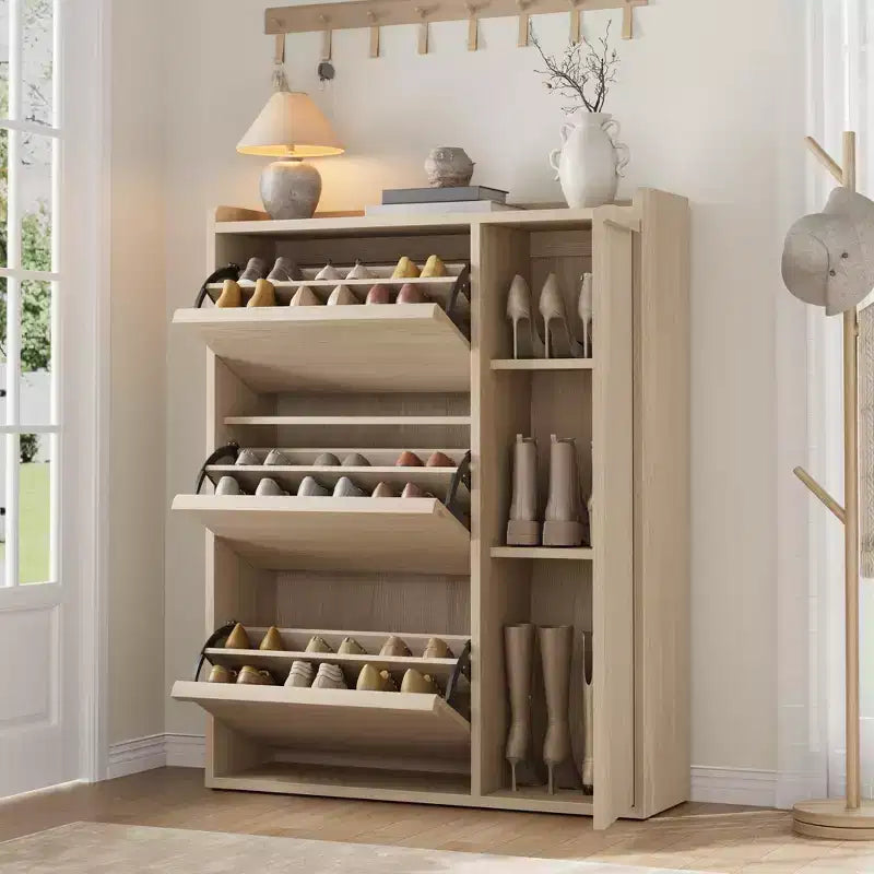 Meuble à chaussures avec 3 tiroirs basculants, Organisateur de chaussures caché avec étagères réglables, Meuble à chaussures autonome en bois