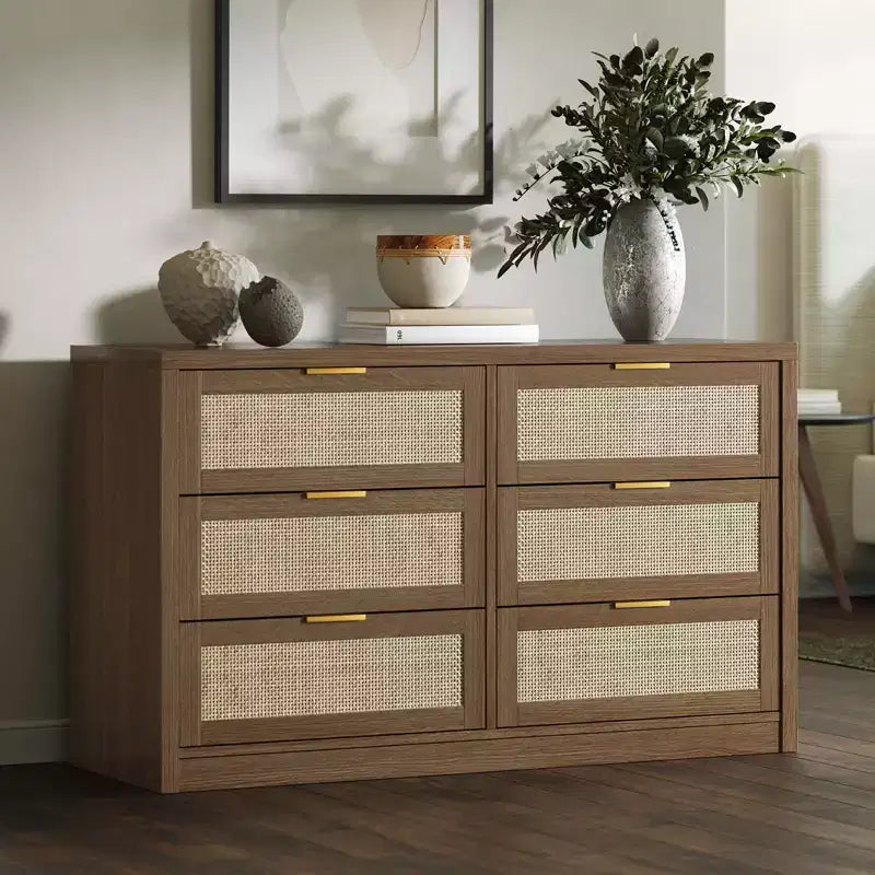 COZONY 53 Rattan Dresser for Bedroom, 6-Drawer Boho Chest of Drawers, Large Wooden Storage Cabinet & TV Stand with Metal Handles