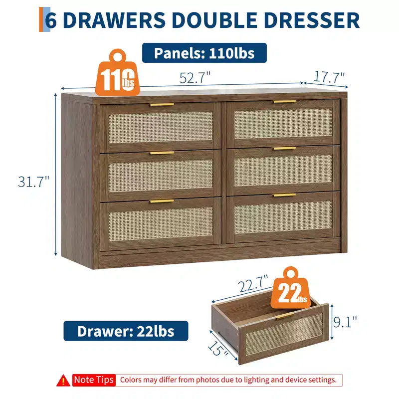 Commode en rotin de 135 cm pour chambre à coucher, buffet bohème à 6 tiroirs, grande armoire de rangement en bois et meuble TV avec poignées métalliques