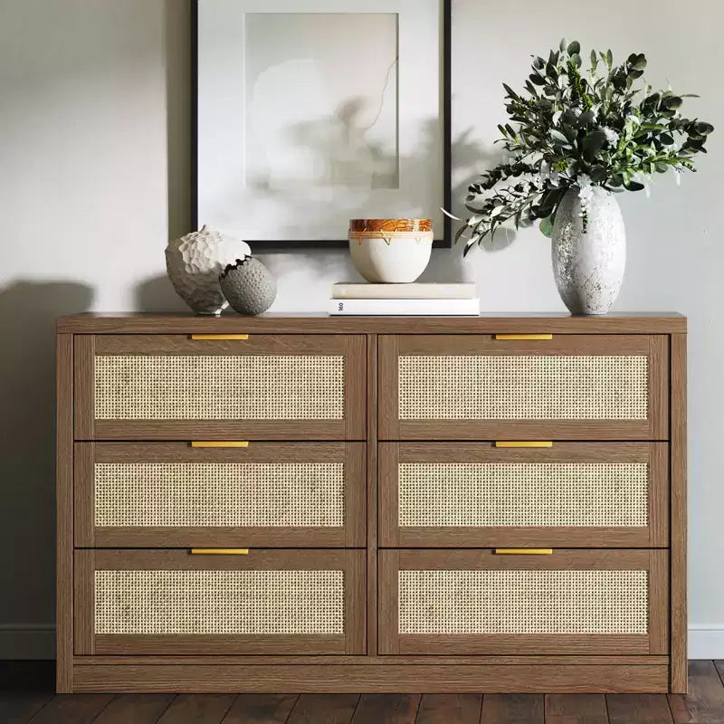 Commode en rotin de 135 cm pour chambre à coucher, buffet bohème à 6 tiroirs, grande armoire de rangement en bois et meuble TV avec poignées métalliques