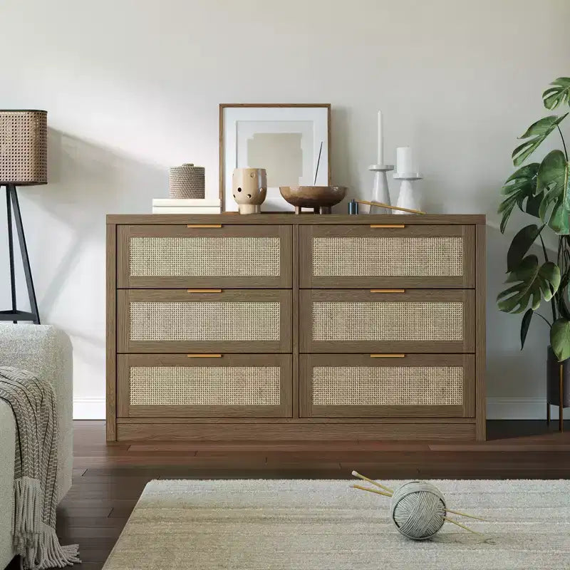Commode en rotin de 135 cm pour chambre à coucher, buffet bohème à 6 tiroirs, grande armoire de rangement en bois et meuble TV avec poignées métalliques