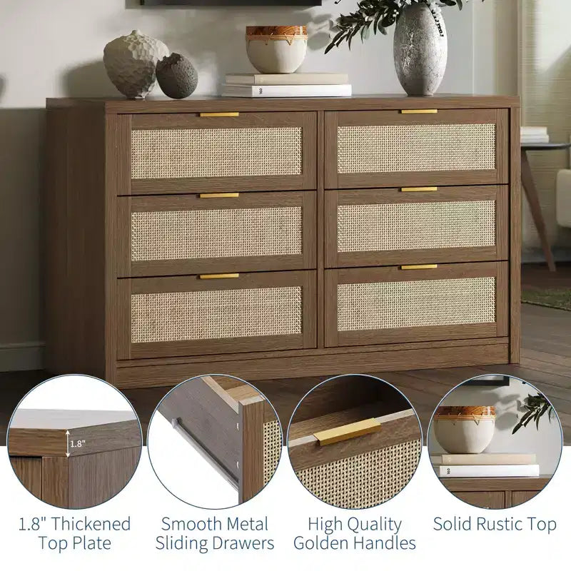 Commode en rotin de 135 cm pour chambre à coucher, buffet bohème à 6 tiroirs, grande armoire de rangement en bois et meuble TV avec poignées métalliques