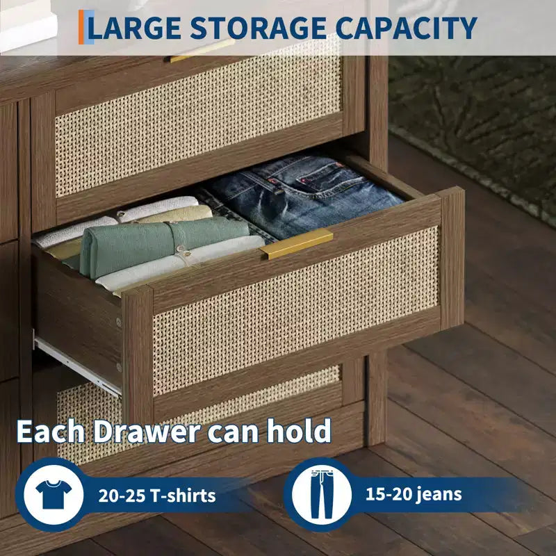 Commode en rotin de 135 cm pour chambre à coucher, buffet bohème à 6 tiroirs, grande armoire de rangement en bois et meuble TV avec poignées métalliques
