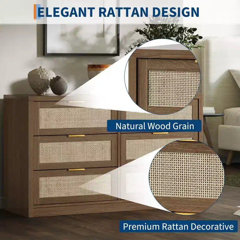 Commode en rotin de 135 cm pour chambre à coucher, buffet bohème à 6 tiroirs, grande armoire de rangement en bois et meuble TV avec poignées métalliques