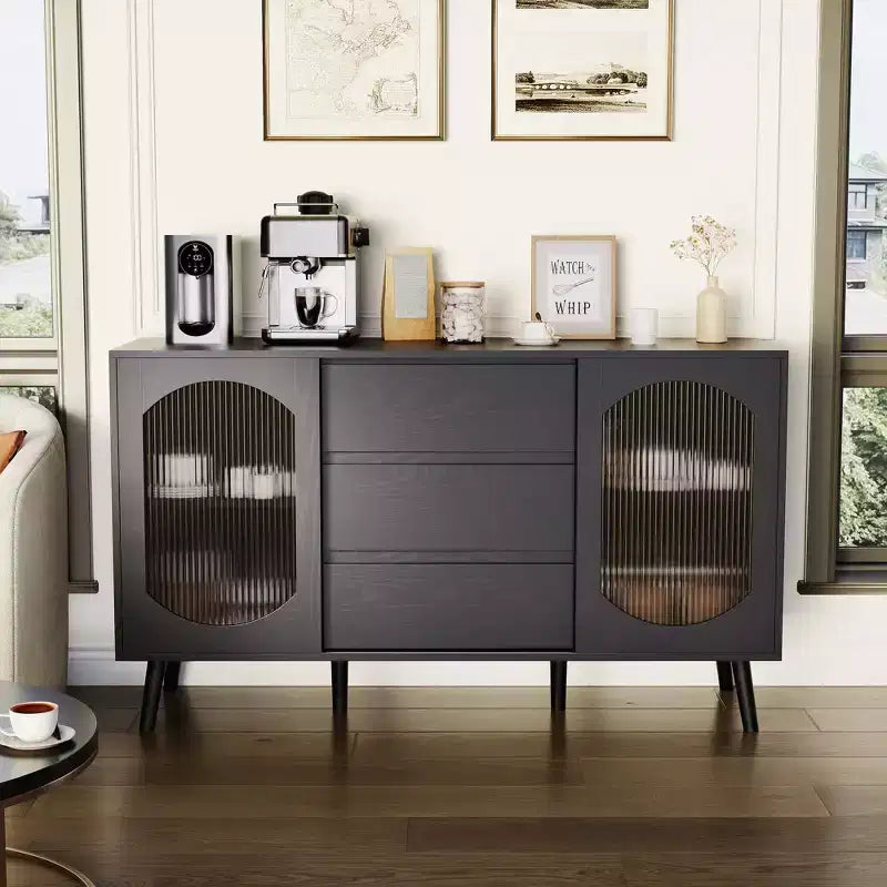 GustoWave 52.7'' Buffet Cabinet with Storage, Sideboard Cabinet with Fluted Glass Sliding Doors and Drawers, Black Sideboard for Kitchen
