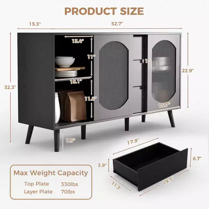 Buffet avec rangement de 133,9 cm, buffet avec portes coulissantes en verre cannelé et tiroirs, buffet noir pour la cuisine