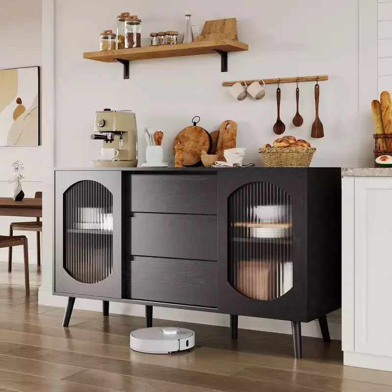 Buffet avec rangement de 133,9 cm, buffet avec portes coulissantes en verre cannelé et tiroirs, buffet noir pour la cuisine