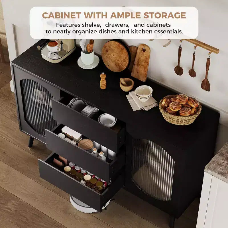 Buffet avec rangement de 133,9 cm, buffet avec portes coulissantes en verre cannelé et tiroirs, buffet noir pour la cuisine