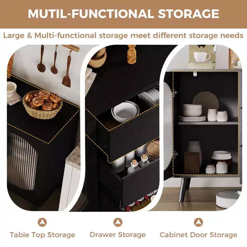 Buffet avec rangement de 133,9 cm, buffet avec portes coulissantes en verre cannelé et tiroirs, buffet noir pour la cuisine