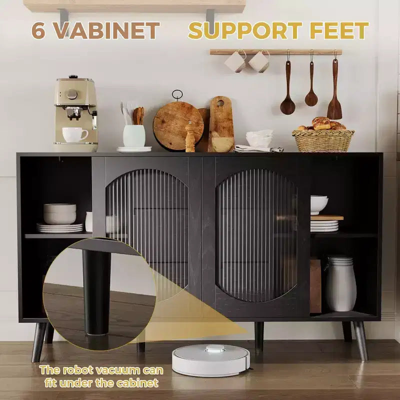 Buffet avec rangement de 133,9 cm, buffet avec portes coulissantes en verre cannelé et tiroirs, buffet noir pour la cuisine