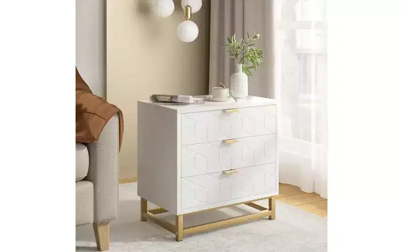 White 3-Drawer Wooden Organizer with Gold Metal Handles C Stylish Chest of Drawers