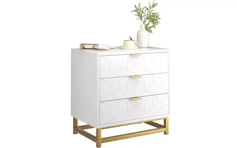 Organisateur en bois blanc à 3 tiroirs avec poignées en métal doré – Commode élégante