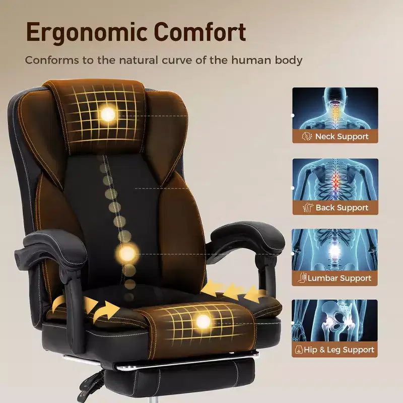 Fauteuil de bureau ergonomique exécutif grand et robuste pivotant avec repose-pieds et fonction d'inclinaison, noir