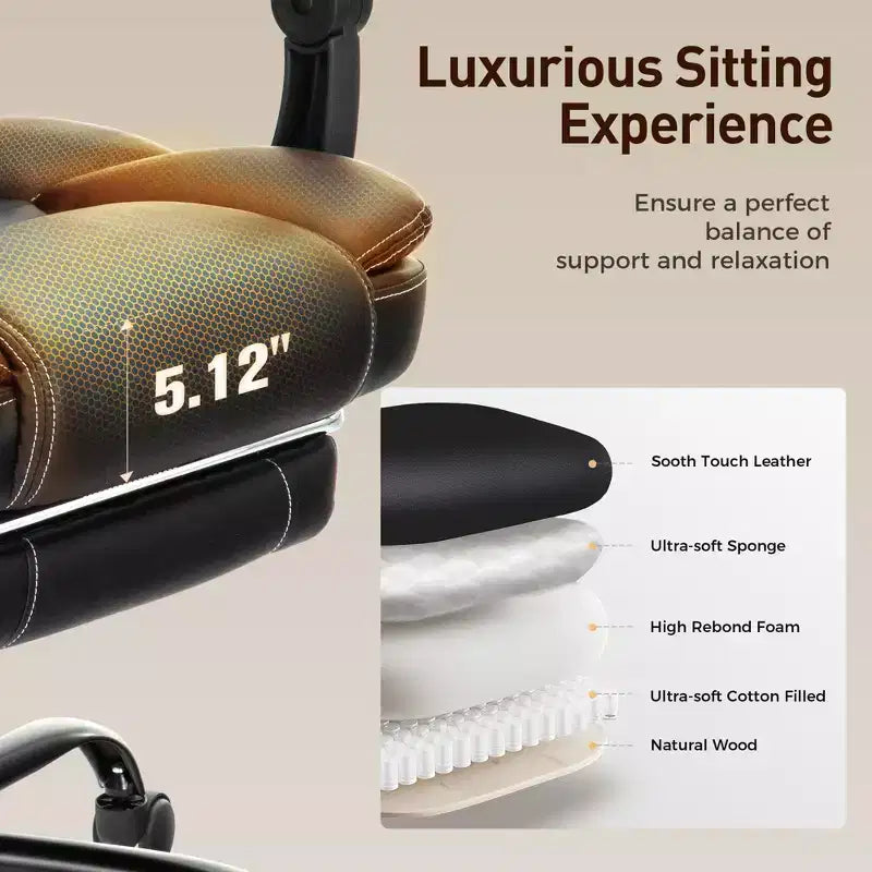 Fauteuil de bureau ergonomique exécutif grand et robuste pivotant avec repose-pieds et fonction d'inclinaison, noir
