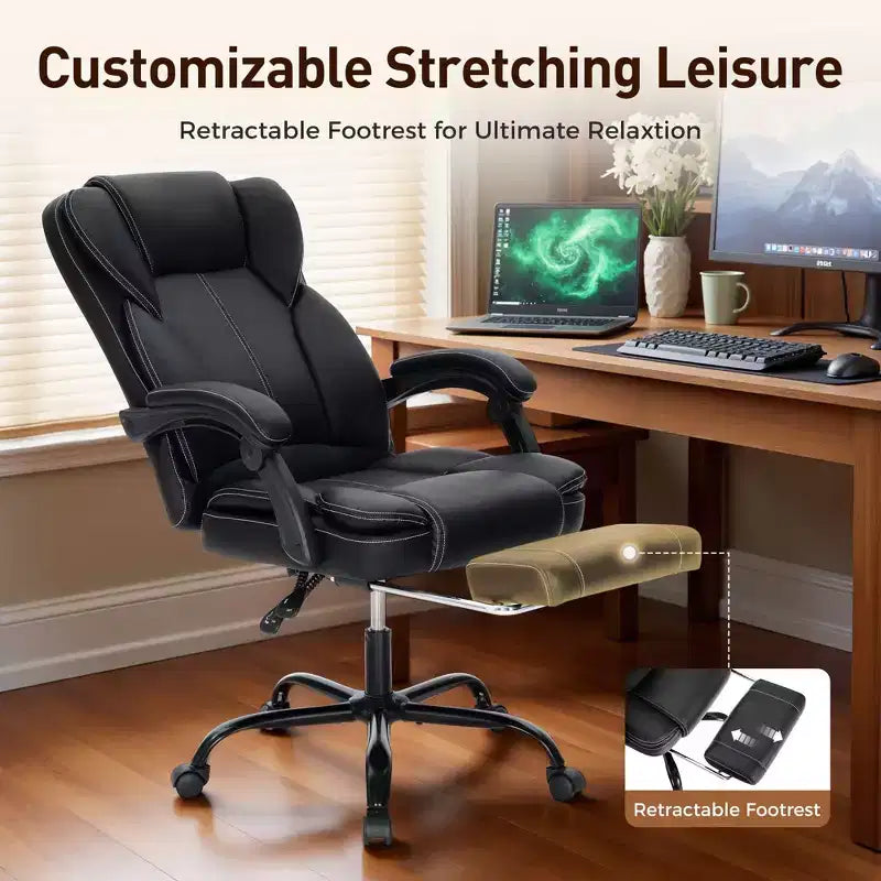 Fauteuil de bureau ergonomique exécutif grand et robuste pivotant avec repose-pieds et fonction d'inclinaison, noir