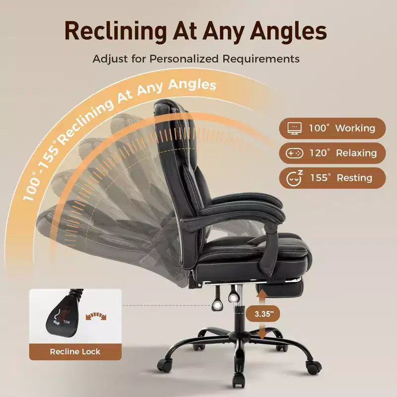 Fauteuil de bureau ergonomique exécutif grand et robuste pivotant avec repose-pieds et fonction d'inclinaison, noir