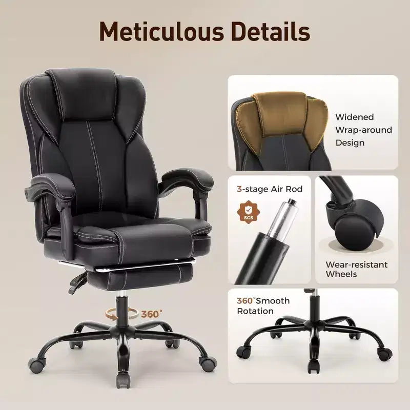 Fauteuil de bureau ergonomique exécutif grand et robuste pivotant avec repose-pieds et fonction d'inclinaison, noir
