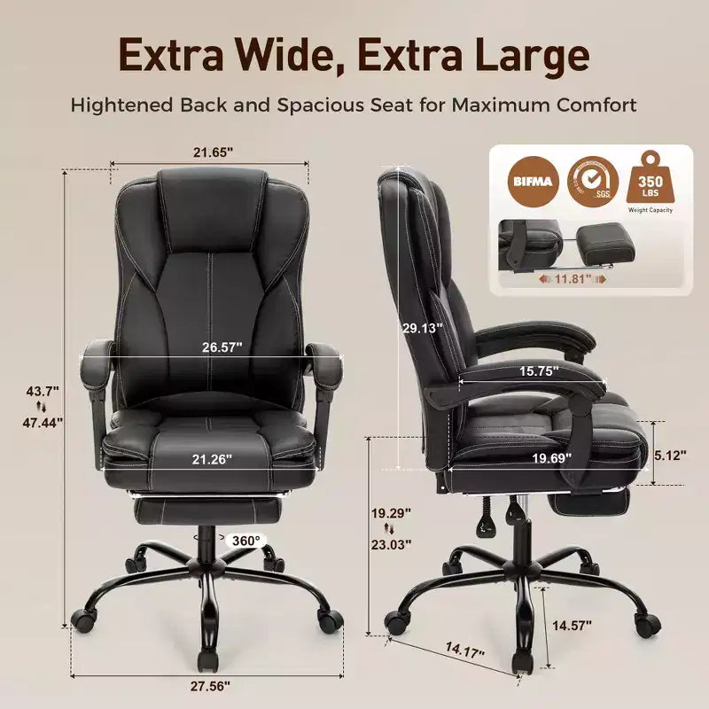 Fauteuil de bureau ergonomique exécutif grand et robuste pivotant avec repose-pieds et fonction d'inclinaison, noir