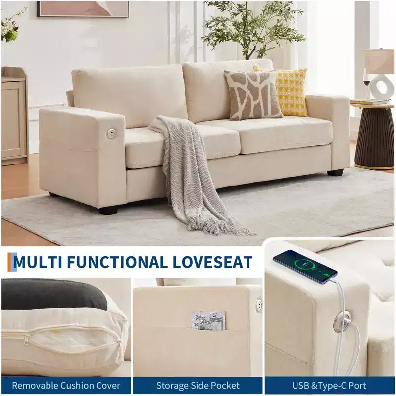 Canapé Moderne 2 Places, Rembourrage Chenille avec Siège Extra Large, Port de Charge USB/Type-C et Poche Latérale, Coussin de Fermeté Moyenne