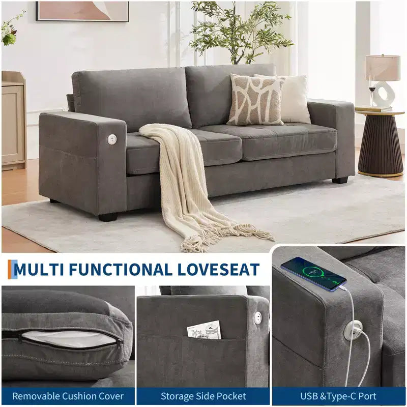 Canapé Moderne 2 Places, Rembourrage Chenille avec Siège Extra Large, Port de Charge USB/Type-C et Poche Latérale, Coussin de Fermeté Moyenne