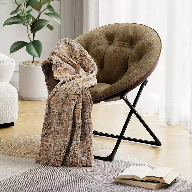 Saucer Chair, Faux Fur Circle Chair, Foldable Lounge Chair for Adults, Teens & Kids, Folding Moon/Mushroom/Round Style Comfy Accent Seat for Bedroom