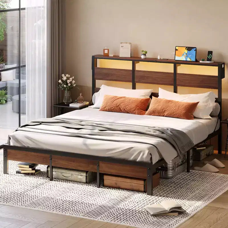 Bestier Queen Bed Frame with LED, Metal Platform Bed with Storage Headboard & Charging Station,Mattress Foundation with Heavy-duty Frame, Walnut