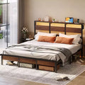Bestier Queen Bed Frame with LED, Metal Platform Bed with Storage Headboard & Charging Station,Mattress Foundation with Heavy-duty Frame, Walnut