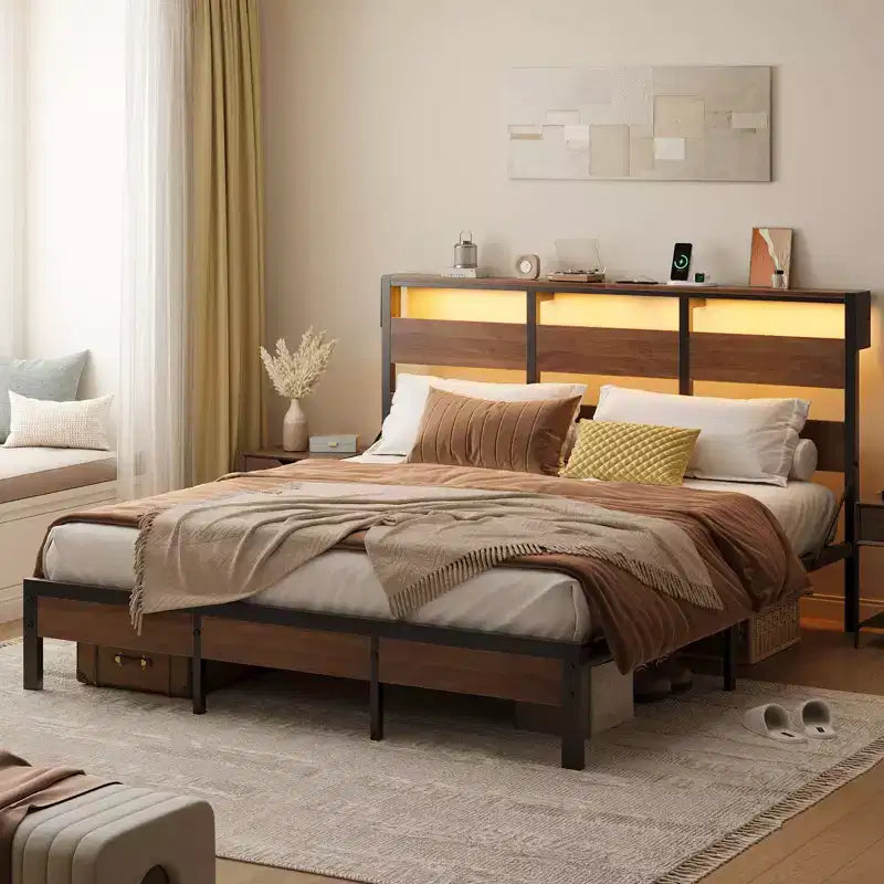 Cadre de lit Queen avec LED, lit plateforme en métal avec tête de lit de rangement et station de charge, Noyer
