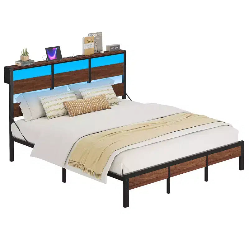 Cadre de lit Queen avec LED, lit plateforme en métal avec tête de lit de rangement et station de charge, Noyer