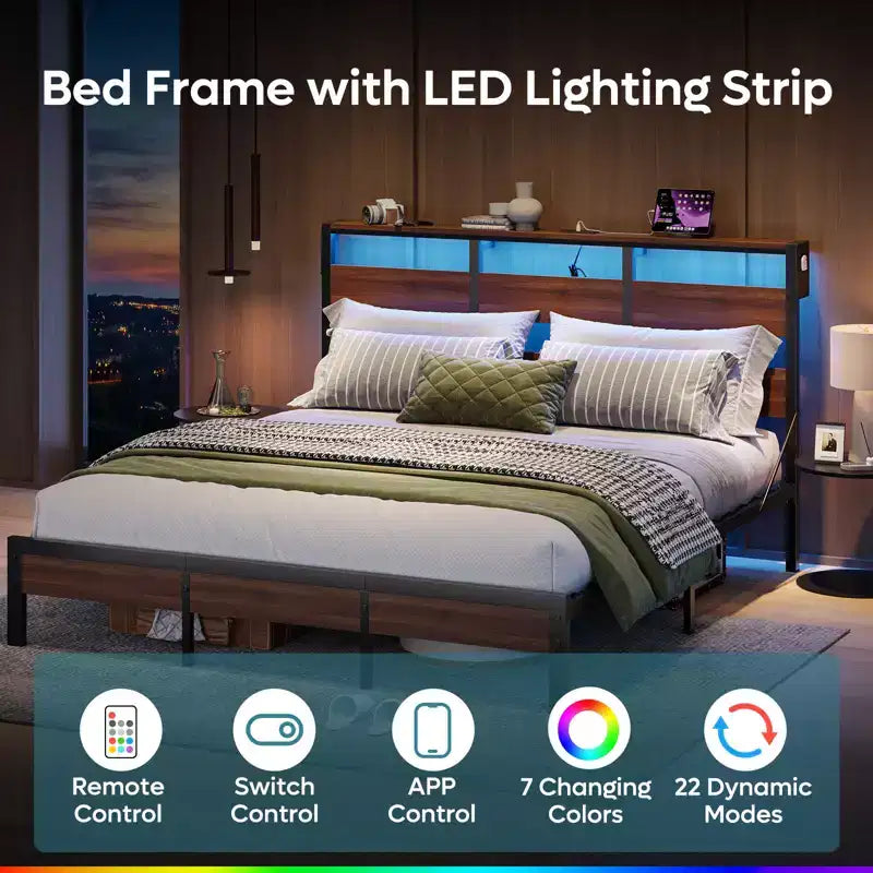 Cadre de lit Queen avec LED, lit plateforme en métal avec tête de lit de rangement et station de charge, Noyer