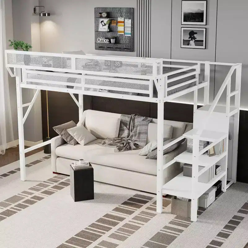 Lit mezzanine double XL en métal avec escalier, étagères de rangement et armoire