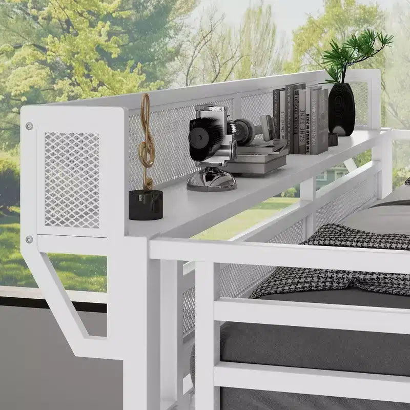 Lit mezzanine double XL en métal avec escalier, étagères de rangement et armoire